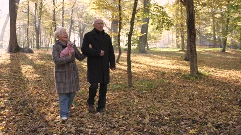 Aged couple walking down hill among fallen leaves Видео 168187983