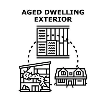 Aged dwelling exterior concept with various buildings Ilustración de archivo