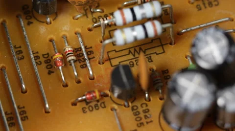 Aged Electronic Components Outdated Yellow Board Closeup Old Circuits Background Stock Footage 44353906