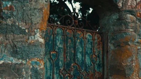 Aged Iron Gate and Stone Wall - Rustic Entrance Near Fairfield CT Stock Footage 308337439