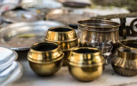 Aged kitchenware at the eastern market Stock Photos