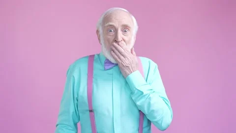 Aged man close cover hand mouth share rumor isolated pastel color background Stock Footage 190910679