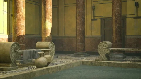 Aged marble pillar near pool with sunlight and mosaic accents Stock Footage 343619246