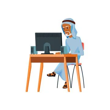 Aged muslim man working on computer in office cartoon vector Stock Illustration