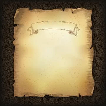 Aged old scroll parchment with ribbon image on dark brown leather texture. ve Stock Illustration
