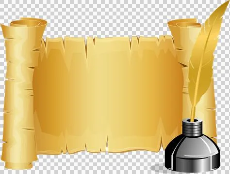 Aged parchment scroll with rolled edges, accompanied by a golden quill and .. Stock Illustration