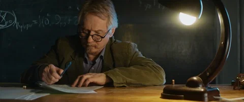 Aged Professor in glasses working, writing smth on paper sheet. desk lamp light Stock Footage 123277731