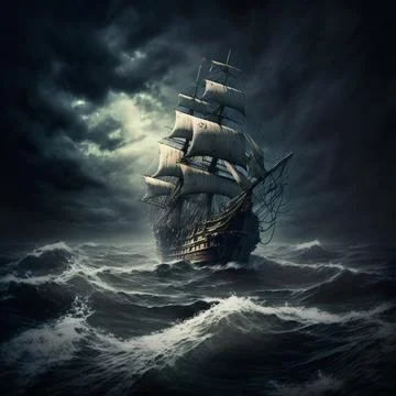Aged ship on sea with storm clouds Stock Illustration