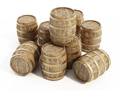 Aged stack of wine barrels isolated on white background. 3D illustration Stock Illustration