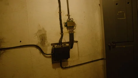 An aged wall with exposed electrical wiring, including a black junction box Stockbeeldmateriaal 301030993