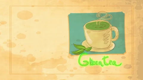 Aged warm drink concept art designed with green tea mug and steam arriving out Stock Footage 129643582