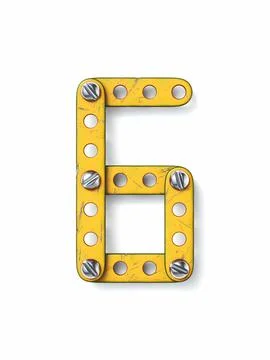 Aged yellow constructor font Number 6 SIX 3D Stock Illustration
