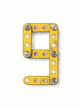 Aged yellow constructor font Number 9 NINE 3D Stock Illustration
