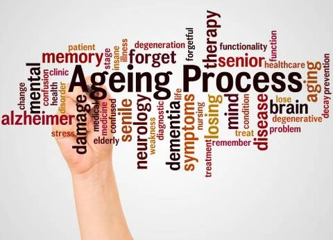 Ageing Process word cloud and hand with marker concept Stock Photos