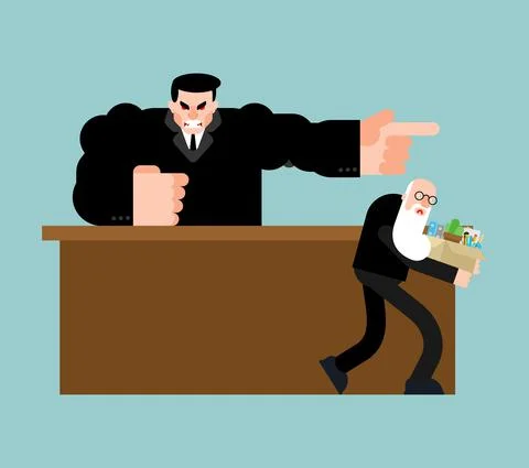 Ageism Age discrimination. The boss fires the grandfather. Fire the old man.  Stock Illustration