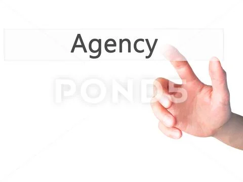 Agency - Hand pressing a button on blurred background concept on Stock Photos
