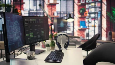 Agency setup showcases a high tech digital system used for deep learning Stock Footage 308671221
