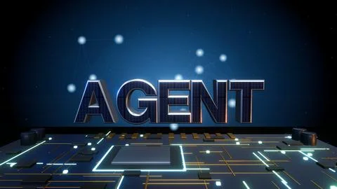 AGENT 3D Text with a Neural Network on a Circuit Board Stock Illustration