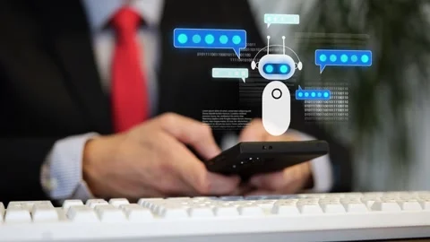 Agent asking the AI assistant for help, Artificial intelligence solving office Stock Footage 330952366