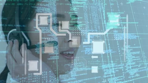 An agent efficiently handles calls in a digitally connected global business. Stock-Footage 329292428