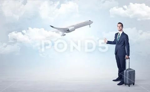 Agent hitchhiking with departing plane concept Stock Photos