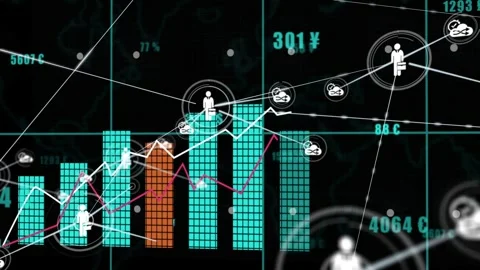 Agent nodes migrating onto rising teal orange bars while incoming data feeding Stock Footage 332625430