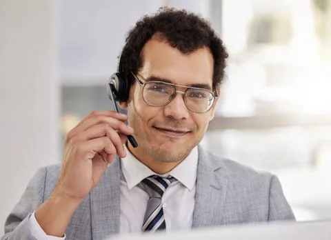 Agent, portrait and online technical support in call center with man at computer Stock Photos