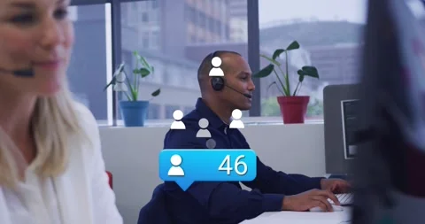 Agent sitting desk typing and speaking in call center, animated bubble above Stock Footage 321550611