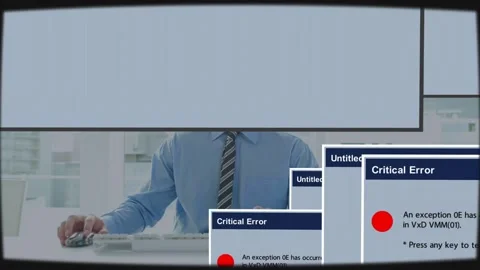 Agent typing at tech desk while error dialogs appearing and obscuring view, Stock Footage 333837798