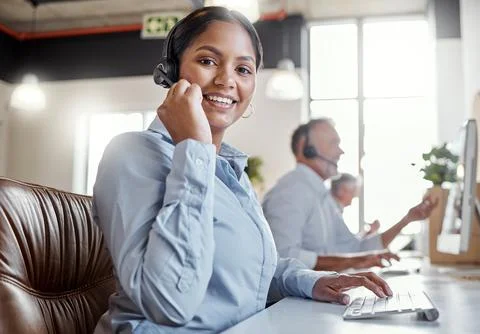 Agent, woman or computer with headset in call center for portfolio update, loan Stock Photos