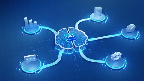 Agentic AI Brain Driving Autonomous Data Analysis and Digital Workflow Stock Footage 337424788