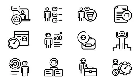 Agentic AI icon set featuring autonomous artificial intelligence agents for Stock Illustration