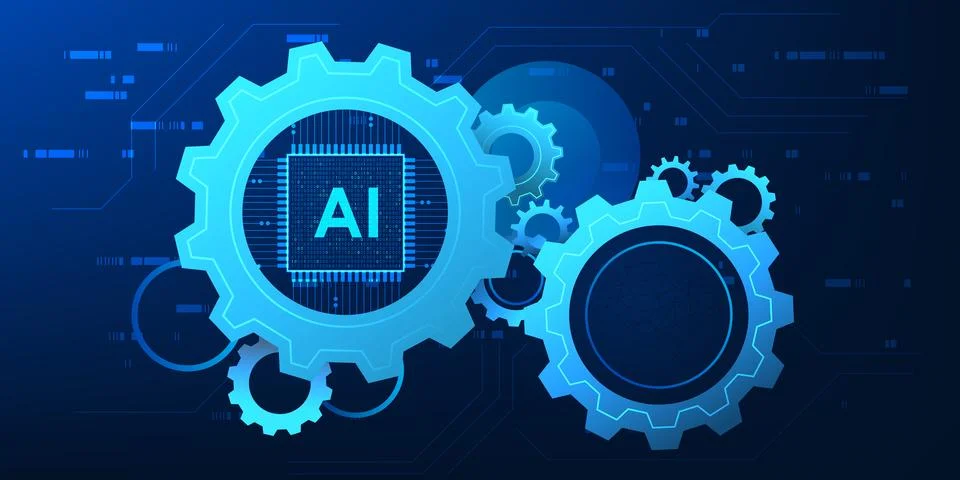 Agentic AI, a microchip and human brain connected to a gear, represents the.. Stockillustratie