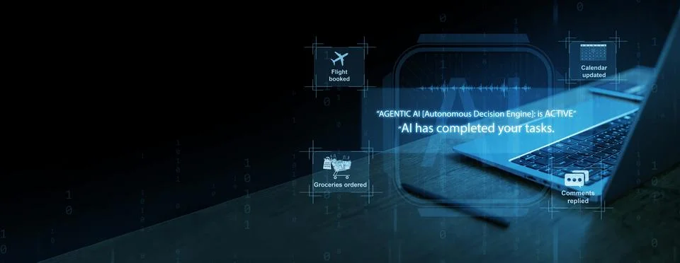 Agentic AI technology. Screen shows text by laptop with nobody working on i.. Stock Photos