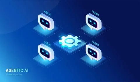 Agentic AI workflow diagram with multi agent system connected - isometric Stock Illustration