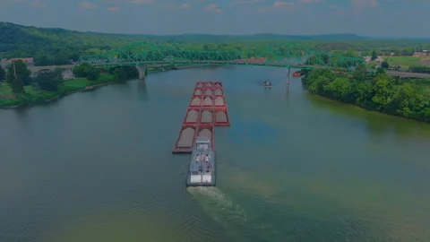 Aggregate Cargo Shipping River Aerial Barge Tow Towboat Green Truss Bridge Stock Footage 346804361