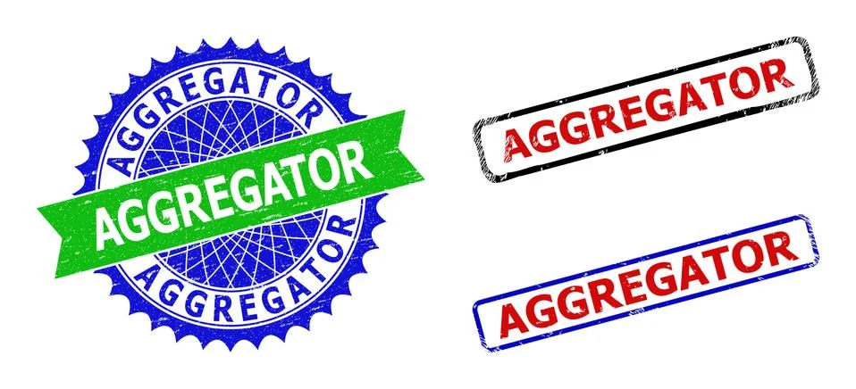 AGGREGATOR Rosette and Rectangle Bicolor Badges with Corroded Textures Stock Illustration