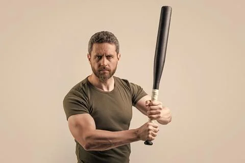 Aggression of man hold bat in studio. photo of man with aggression. man with Stock Photos