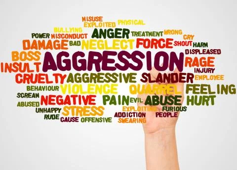 Aggression word cloud and hand with marker concept Foto stock