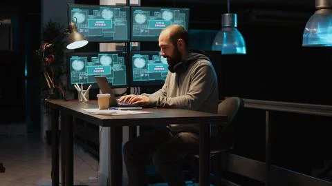 Aggressive angry criminal trying to hack network at night Foto stock