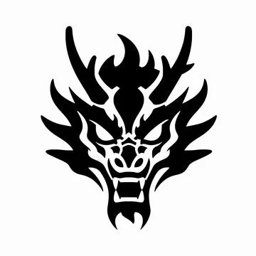 Aggressive Black Dragon Head Vector Illustration, Symmetrical Tribal Tattoo.. 库存插图