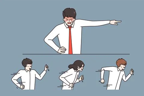 Aggressive businessman scold exploit employees at workplace Stock Illustration