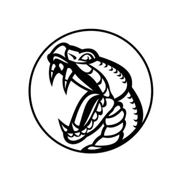Aggressive Copperhead Snake Baring Fangs Mascot Black and White Stock Illustration