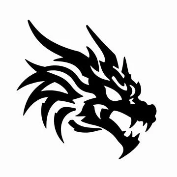 Aggressive Dragon Head Profile in Black Tribal Tattoo Style, Minimalist Fla.. Illustrazione stock
