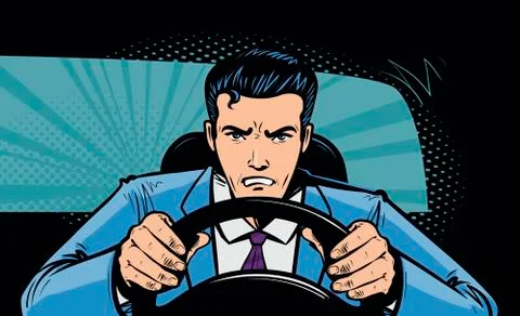Aggressive driver behind the wheel of car. Race, pursuit in pop art retro comic Stock Illustration