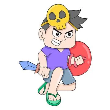 Aggressive faced boy carrying a sword and shield ready to fight, doodle icon  Stock Illustration
