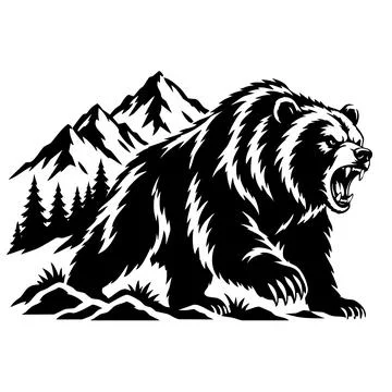 Aggressive Grizzly Bear Roaring in Mountain Forest Stock Illustration