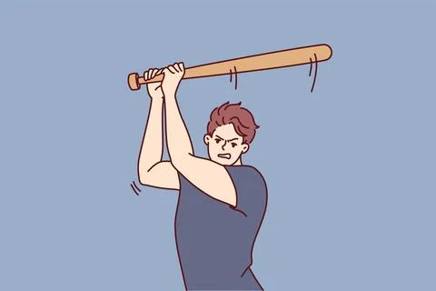 Aggressive guy attacks people using baseball bat as weapon, wanting to beat and Stock Illustration