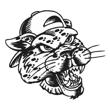 Aggressive Leopard Head with Baseball Cap - Fierce Animal Illustration 스톡 일러스트