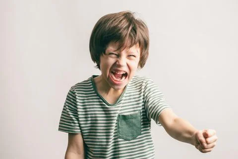 Aggressive little boy shouting with risen fist Stock Photos